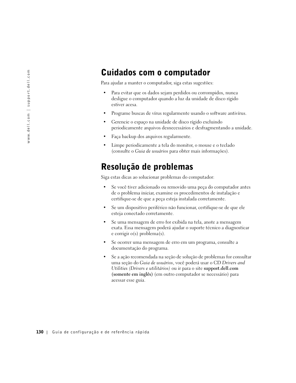 Cuidados com o computador, Resolução de problemas | Dell Precision 650 User Manual | Page 130 / 208