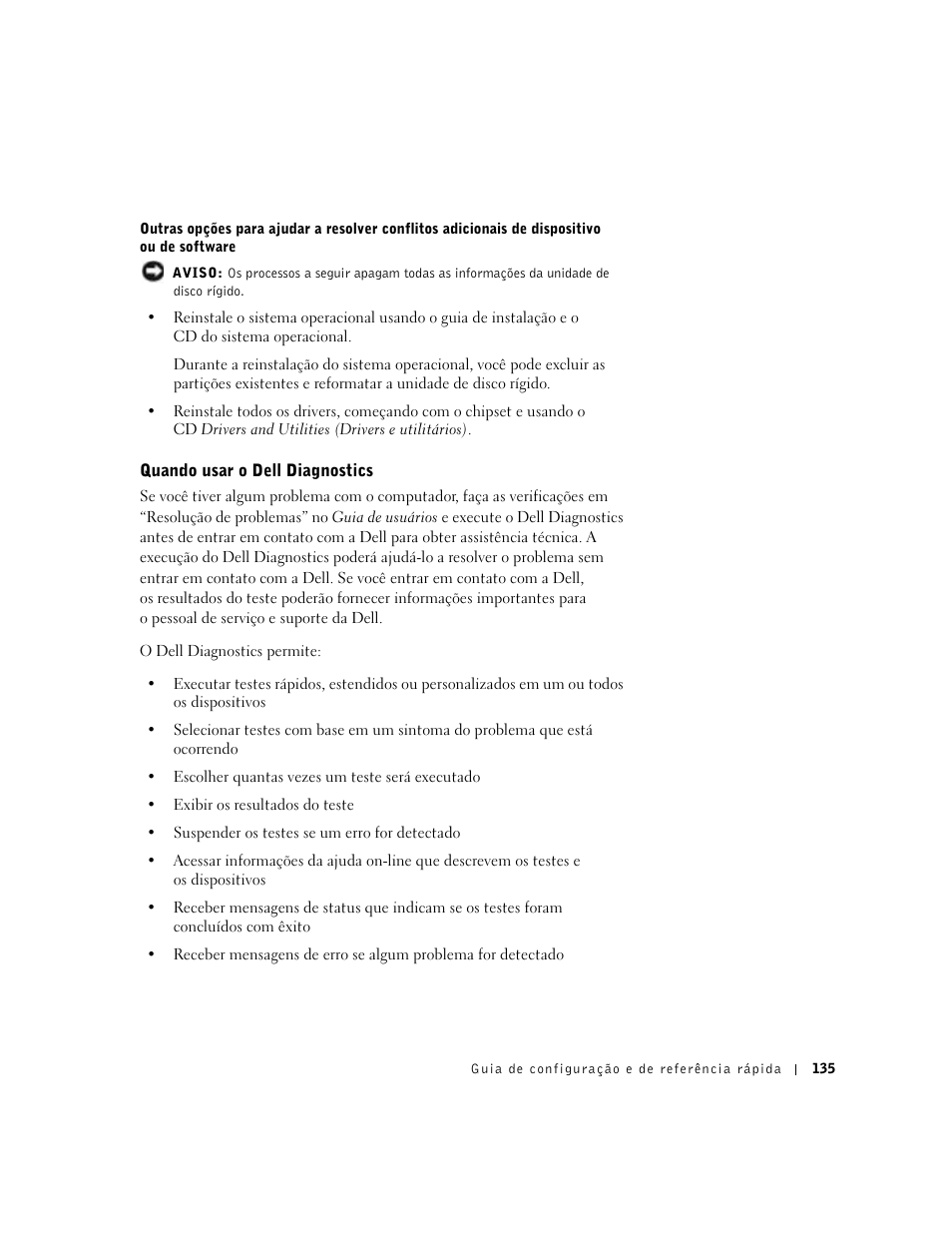 Quando usar o dell diagnostics | Dell Precision 650 User Manual | Page 135 / 208