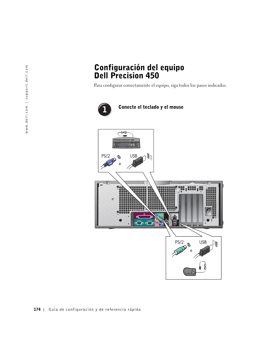 Configuración del equipo dell precision 450, Conecte el teclado y el mouse | Dell Precision 650 User Manual | Page 174 / 208