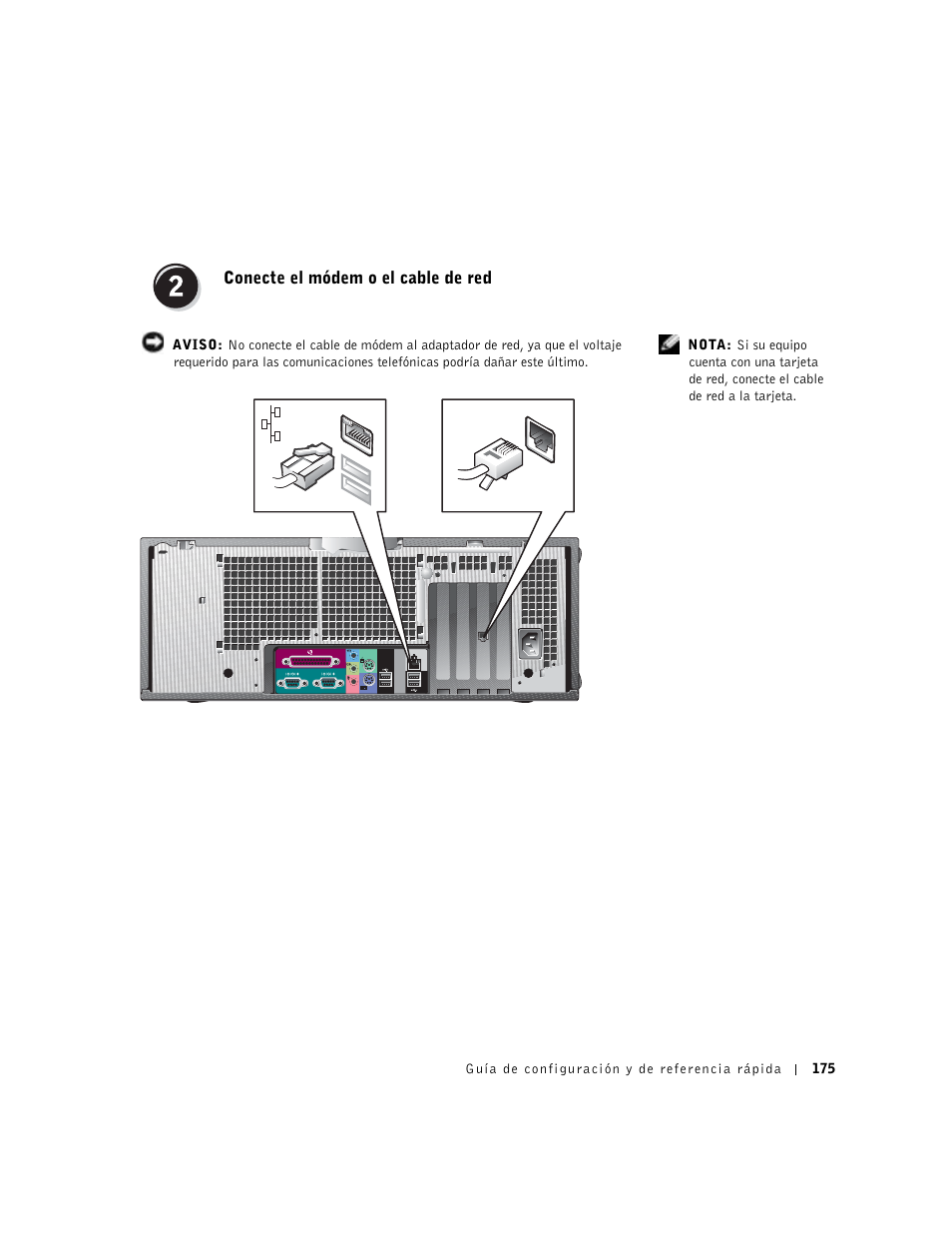 Conecte el módem o el cable de red | Dell Precision 650 User Manual | Page 175 / 208