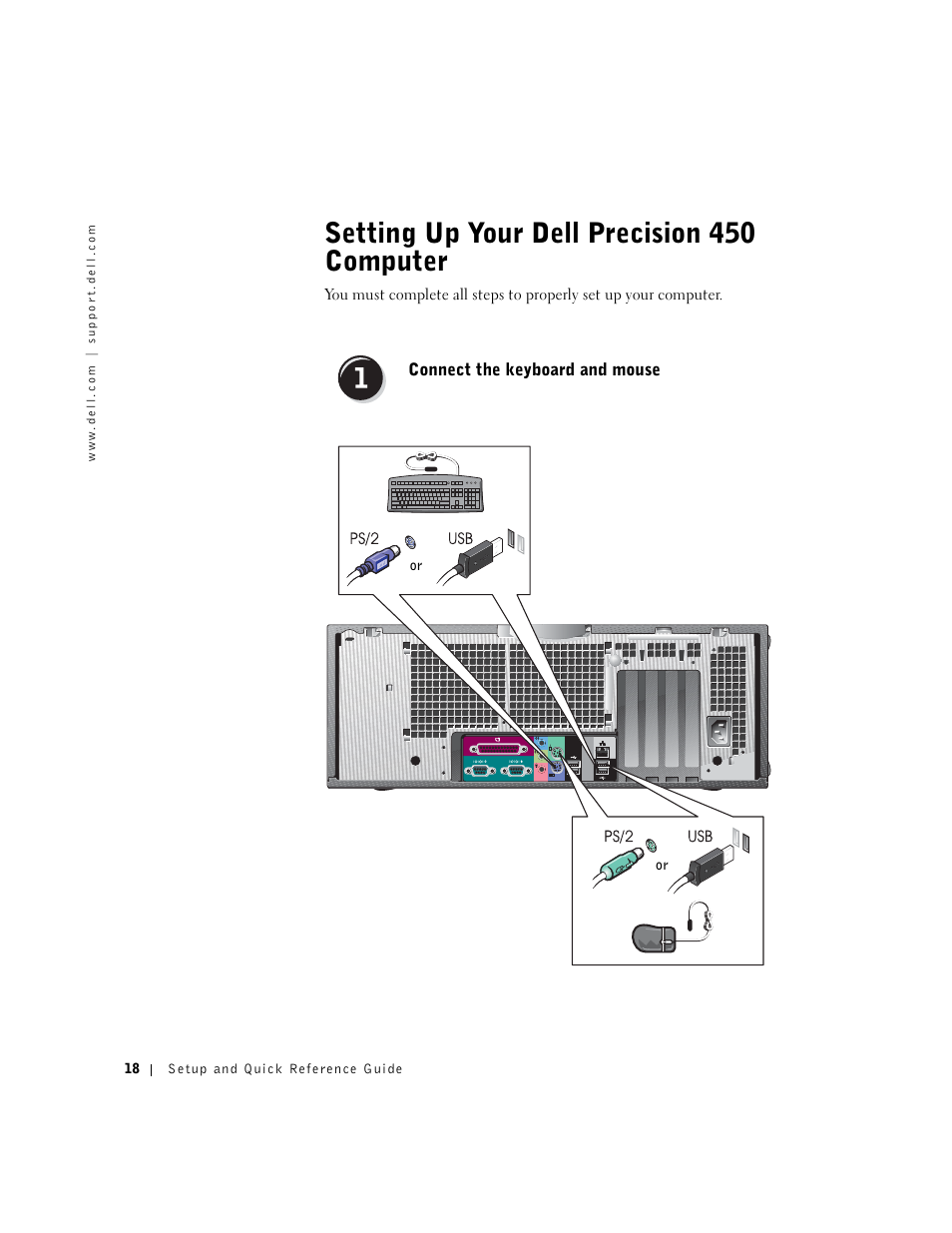 Setting up your dell precision 450 computer, Connect the keyboard and mouse | Dell Precision 650 User Manual | Page 18 / 208