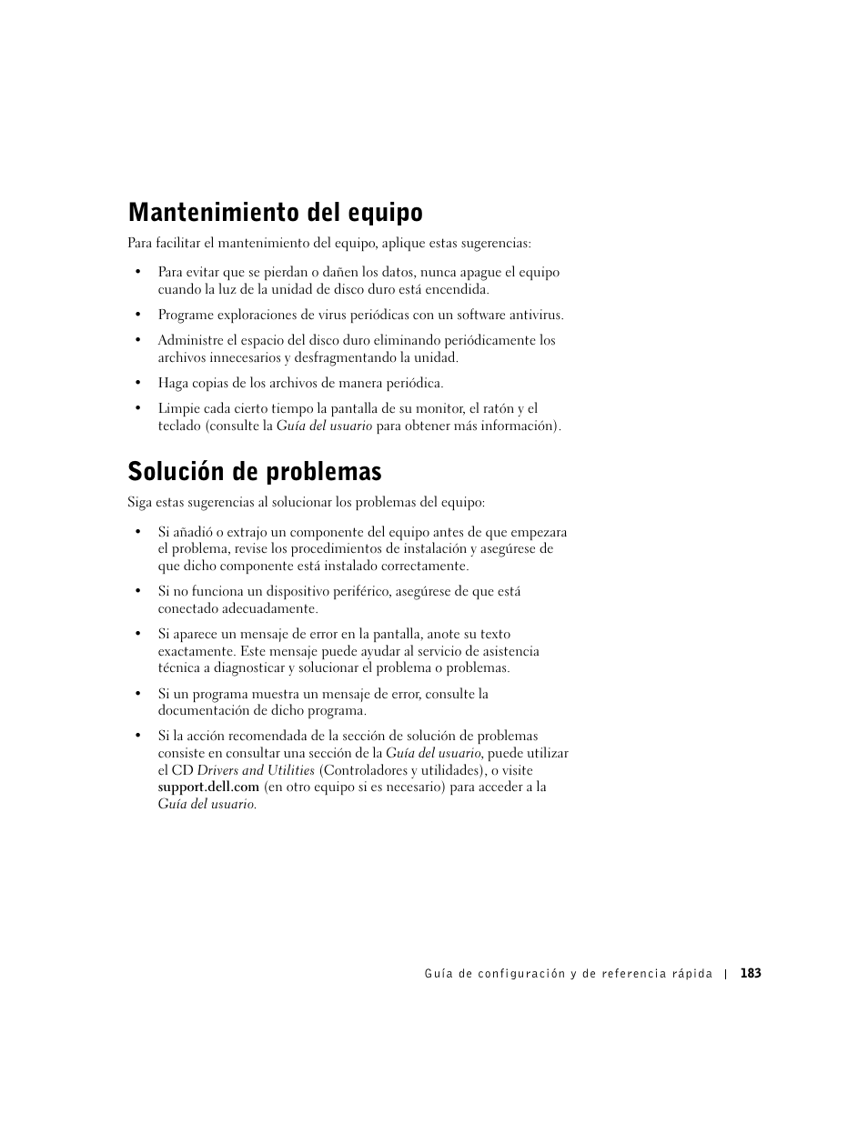 Mantenimiento del equipo, Solución de problemas | Dell Precision 650 User Manual | Page 183 / 208