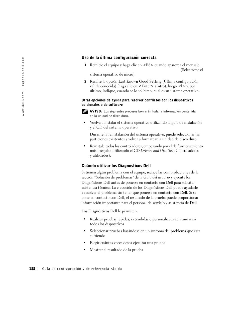 Uso de la última configuración correcta, Cuándo utilizar los diagnósticos dell | Dell Precision 650 User Manual | Page 188 / 208