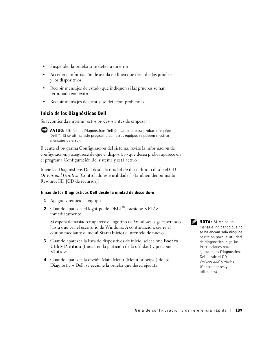 Inicio de los diagnósticos dell | Dell Precision 650 User Manual | Page 189 / 208