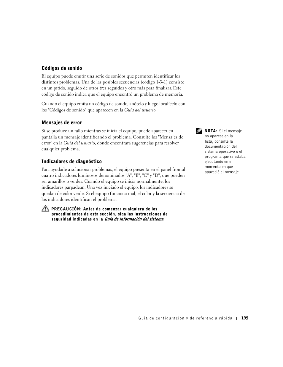 Códigos de sonido, Mensajes de error, Indicadores de diagnóstico | Dell Precision 650 User Manual | Page 195 / 208