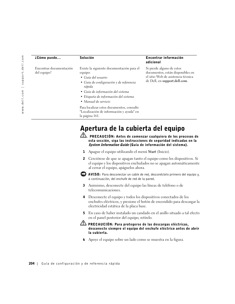 Apertura de la cubierta del equipo | Dell Precision 650 User Manual | Page 204 / 208