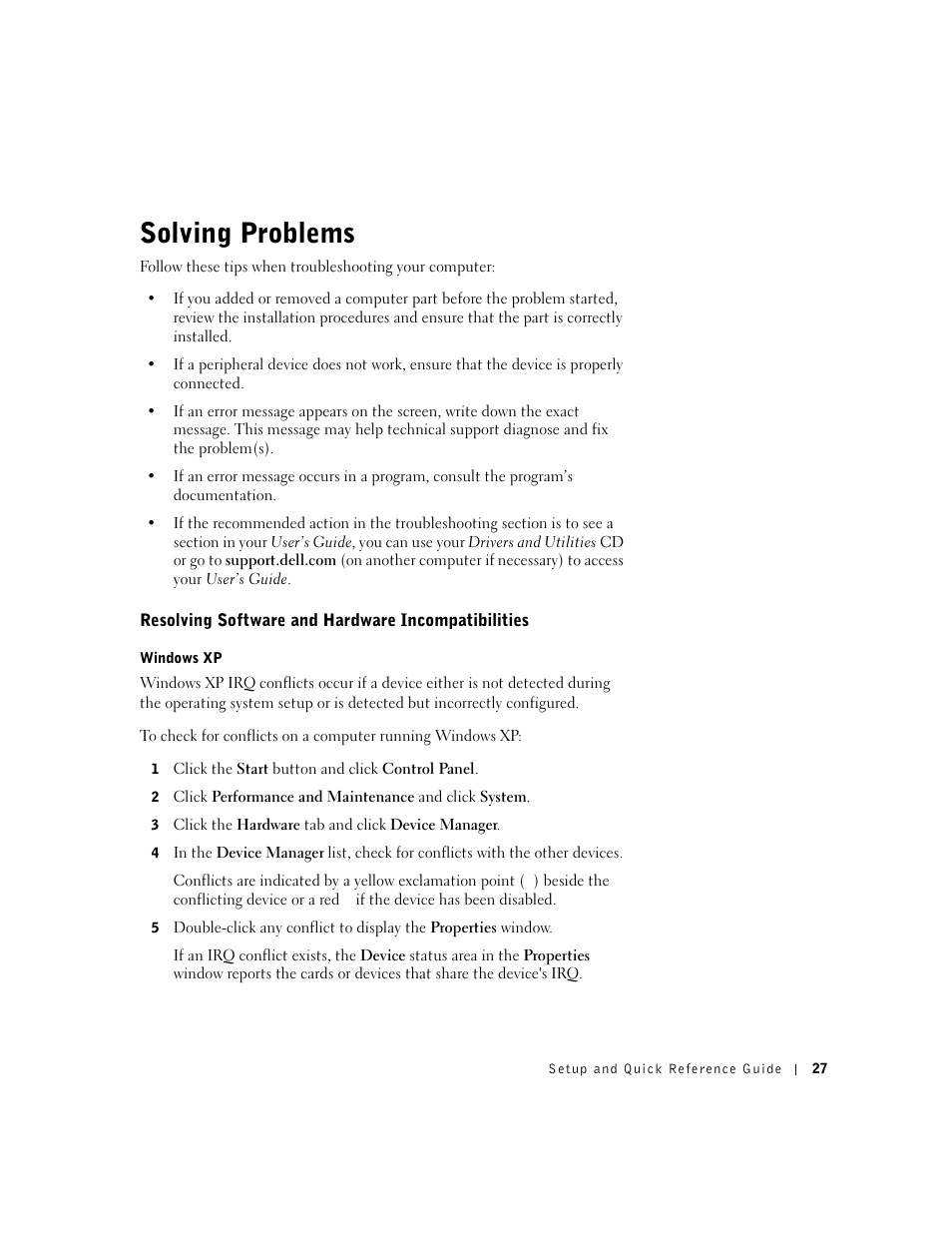 Solving problems, Resolving software and hardware incompatibilities | Dell Precision 650 User Manual | Page 27 / 208