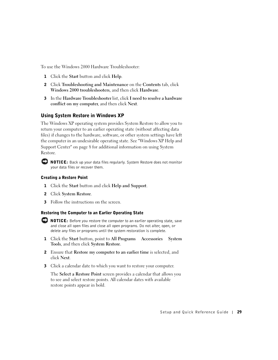 Using system restore in windows xp | Dell Precision 650 User Manual | Page 29 / 208