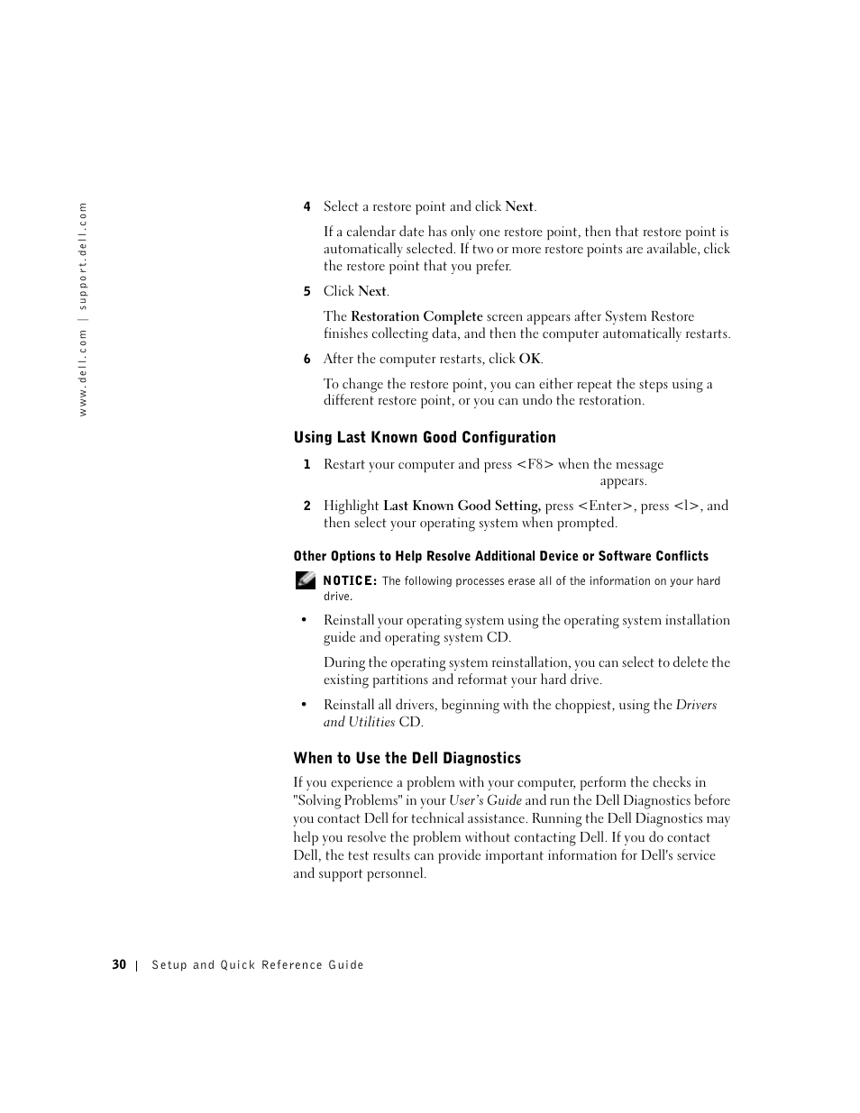 Using last known good configuration, When to use the dell diagnostics | Dell Precision 650 User Manual | Page 30 / 208