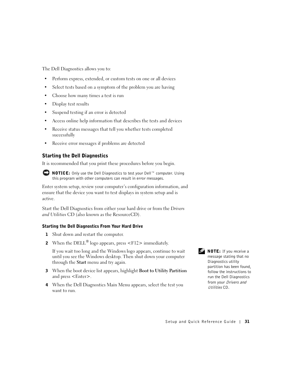 Starting the dell diagnostics | Dell Precision 650 User Manual | Page 31 / 208
