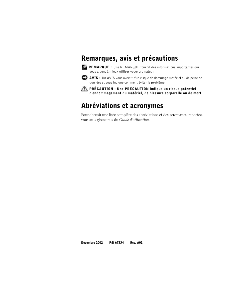 Remarques, avis et précautions, Abréviations et acronymes | Dell Precision 650 User Manual | Page 50 / 208