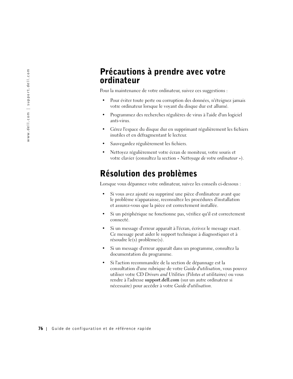 Précautions à prendre avec votre ordinateur, Résolution des problèmes | Dell Precision 650 User Manual | Page 76 / 208