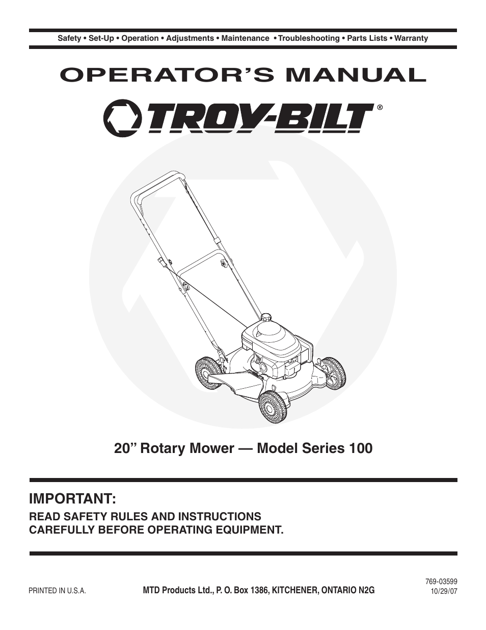 Troy-Bilt 20” Rotary Mower — Model Series 100 User Manual | 28 pages