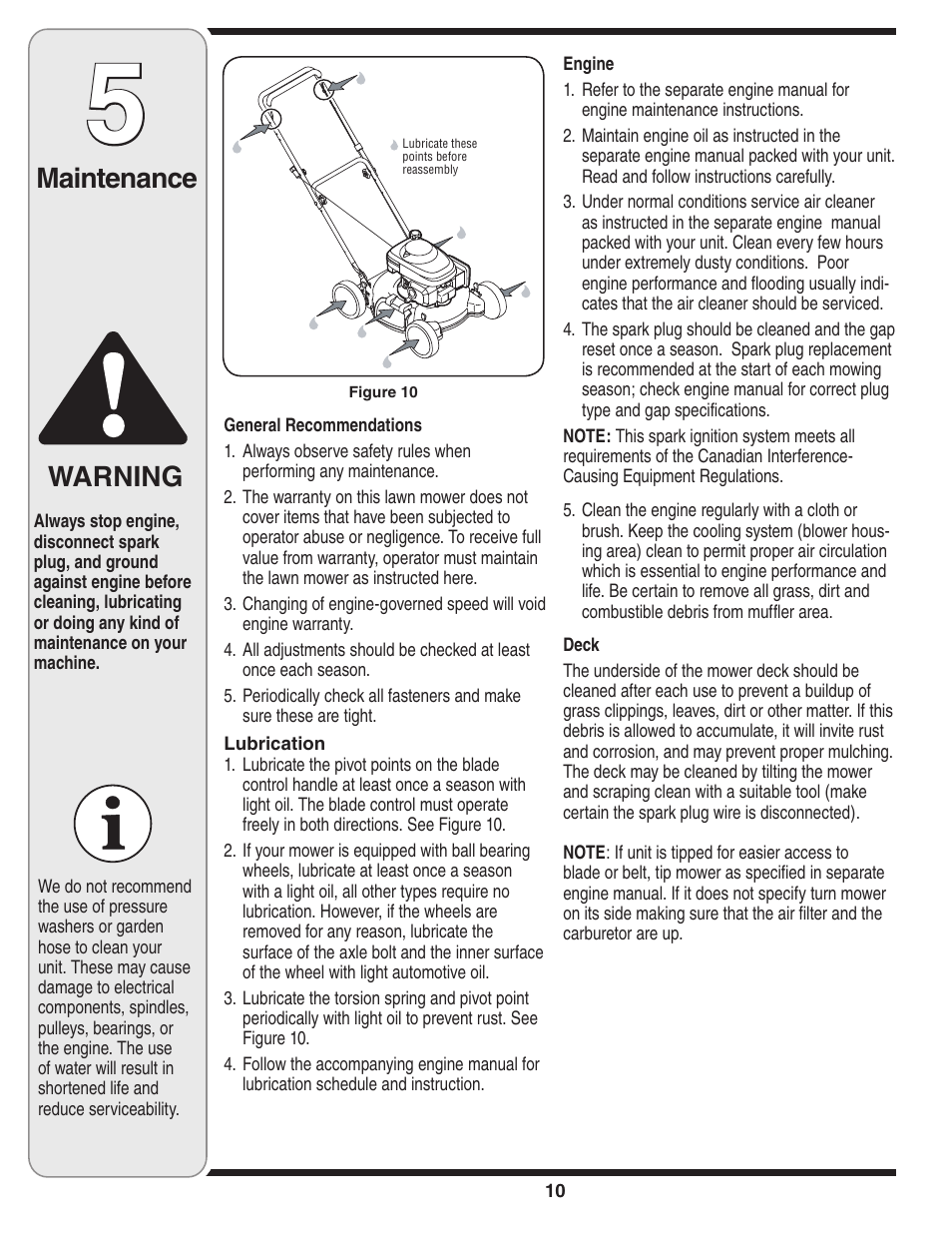 Warning, Maintenance | Troy-Bilt 20” Rotary Mower — Model Series 100 User Manual | Page 10 / 28