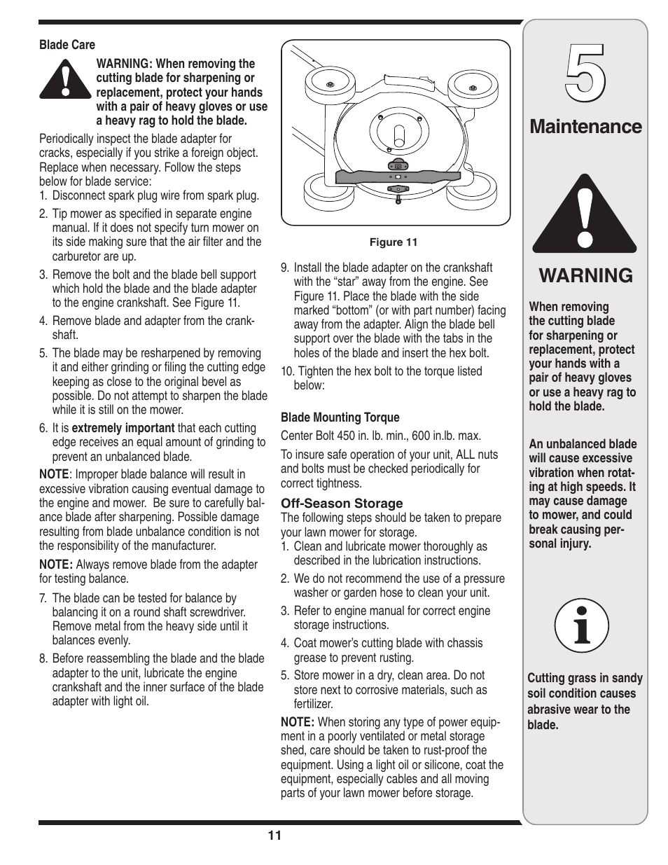 Warning, Maintenance | Troy-Bilt 20” Rotary Mower — Model Series 100 User Manual | Page 11 / 28