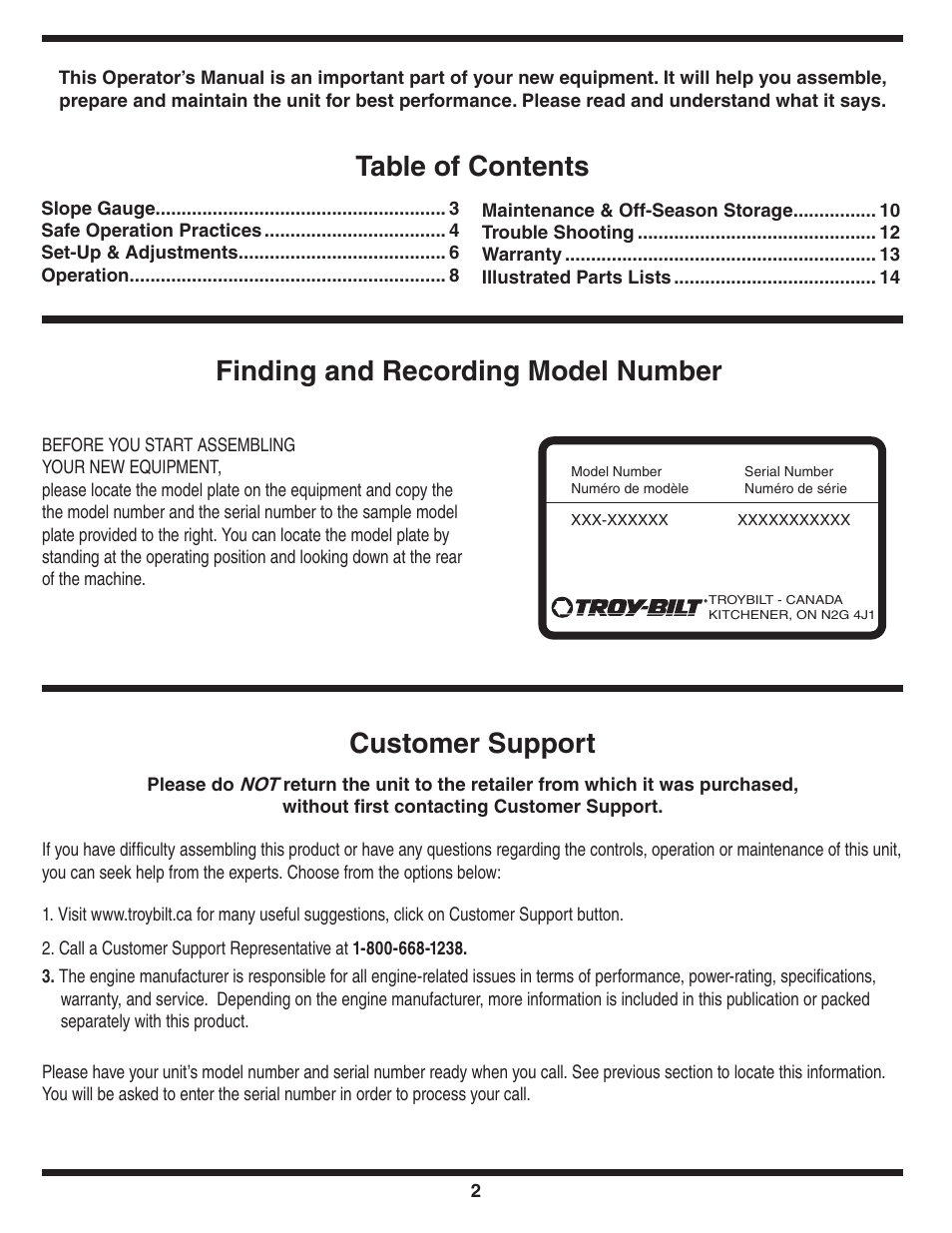 Troy-Bilt 20” Rotary Mower — Model Series 100 User Manual | Page 2 / 28
