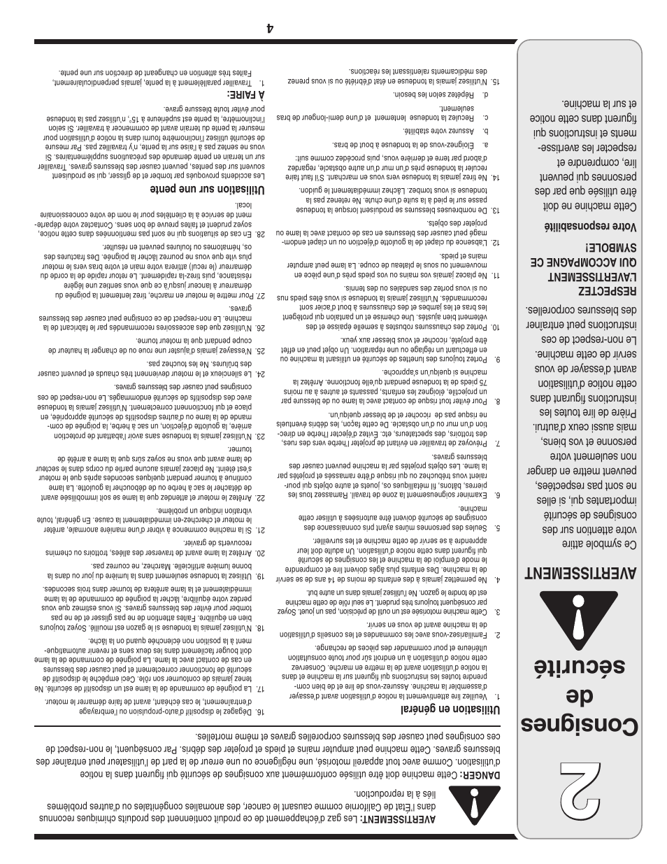 Con sig nes de sécurité, Aver tissement, Utilisation en général | Utilisation sur une pente | Troy-Bilt 20” Rotary Mower — Model Series 100 User Manual | Page 25 / 28