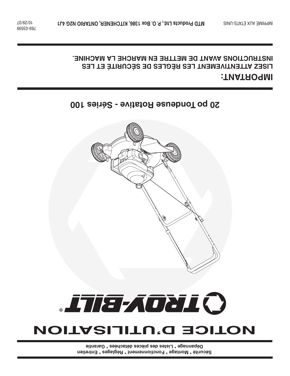 Notice d’utilisa tion, Important | Troy-Bilt 20” Rotary Mower — Model Series 100 User Manual | Page 28 / 28