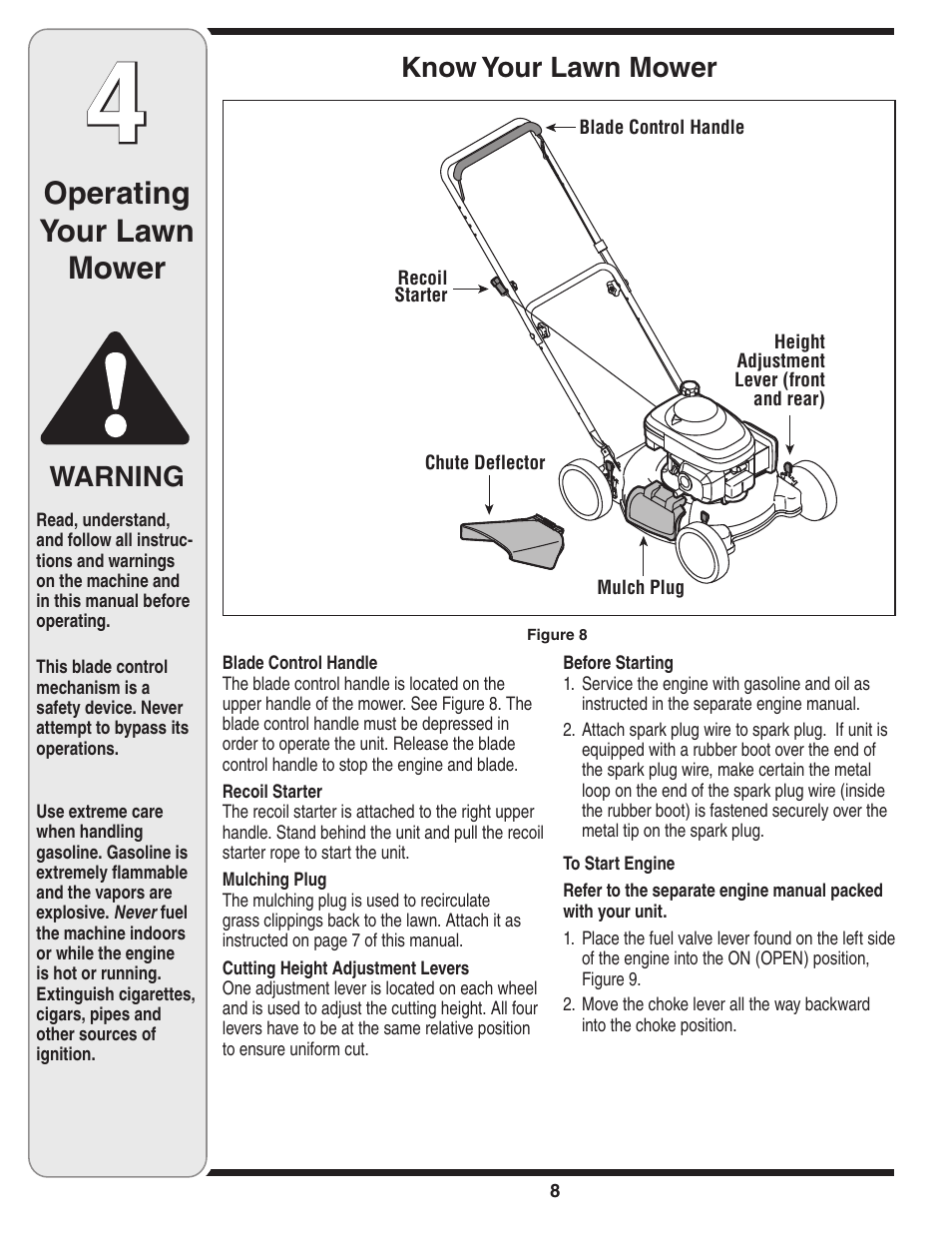 Operating your lawn mower, Know your lawn mower, Warning | Troy-Bilt 20” Rotary Mower — Model Series 100 User Manual | Page 8 / 28