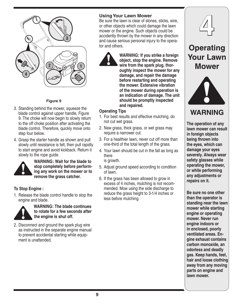 Operating your lawn mower, Warning | Troy-Bilt 20” Rotary Mower — Model Series 100 User Manual | Page 9 / 28