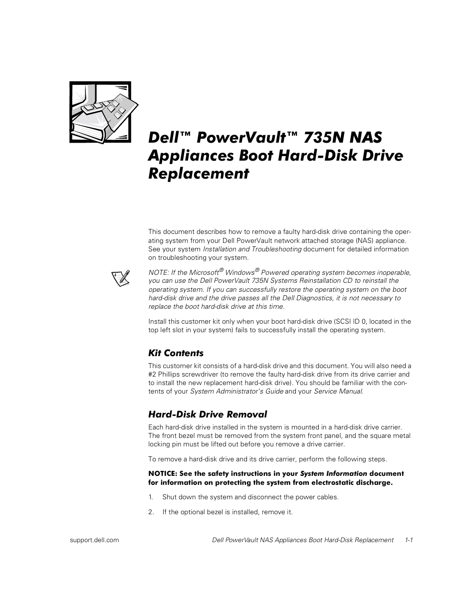 Kit contents, Hard-disk drive removal | Dell PowerVault 735N (Rackmount NAS Appliance) User Manual | Page 3 / 18