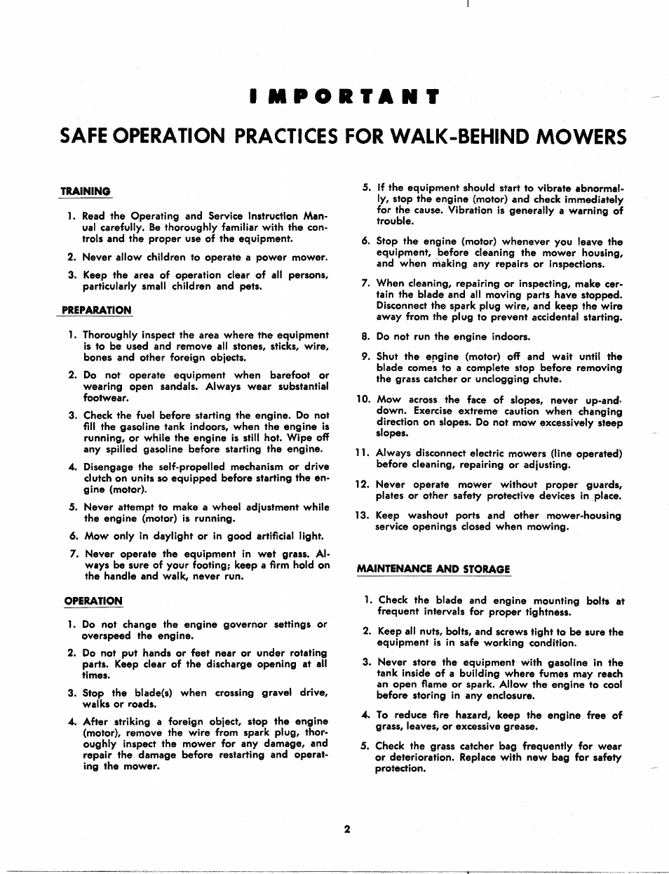 Safe operation practices for walk-behind mowers | Bolens 114-530 A User Manual | Page 2 / 16