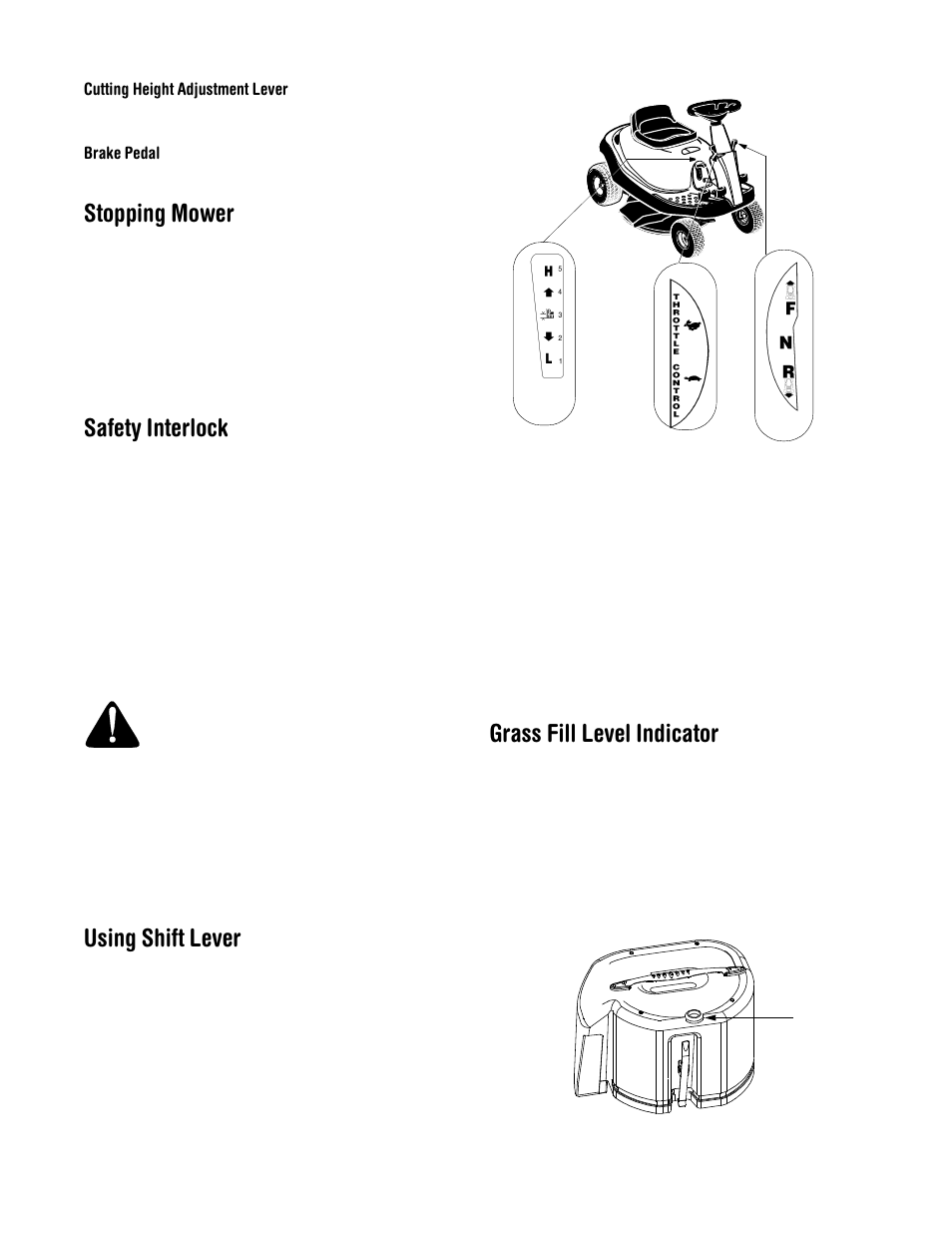 Stopping mower, Safety interlock, Using shift lever | Grass fill level indicator | MTD 13B-325-401 User Manual | Page 10 / 40