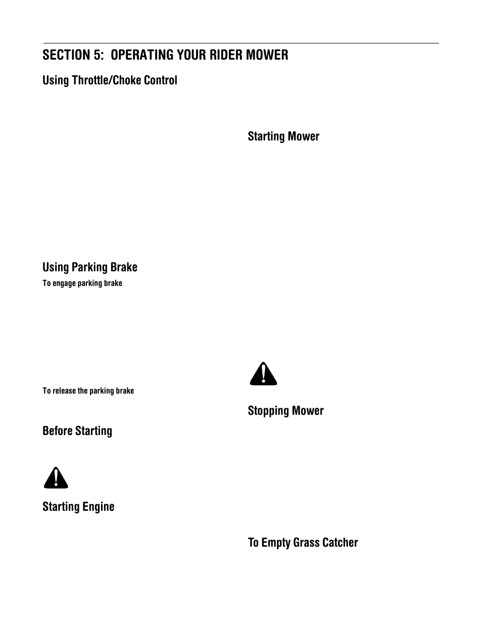 Using throttle/choke control, Using parking brake, Before starting | Starting engine, Starting mower, Stopping mower | MTD 13B-325-401 User Manual | Page 11 / 40