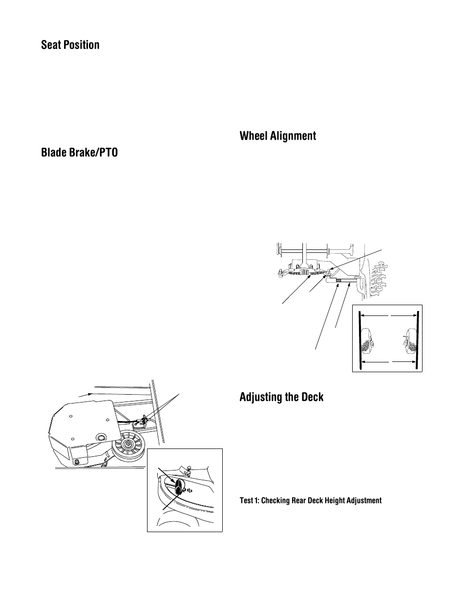 Seat position, Blade brake/pto, Wheel alignment | Adjusting the deck | MTD 13B-325-401 User Manual | Page 14 / 40