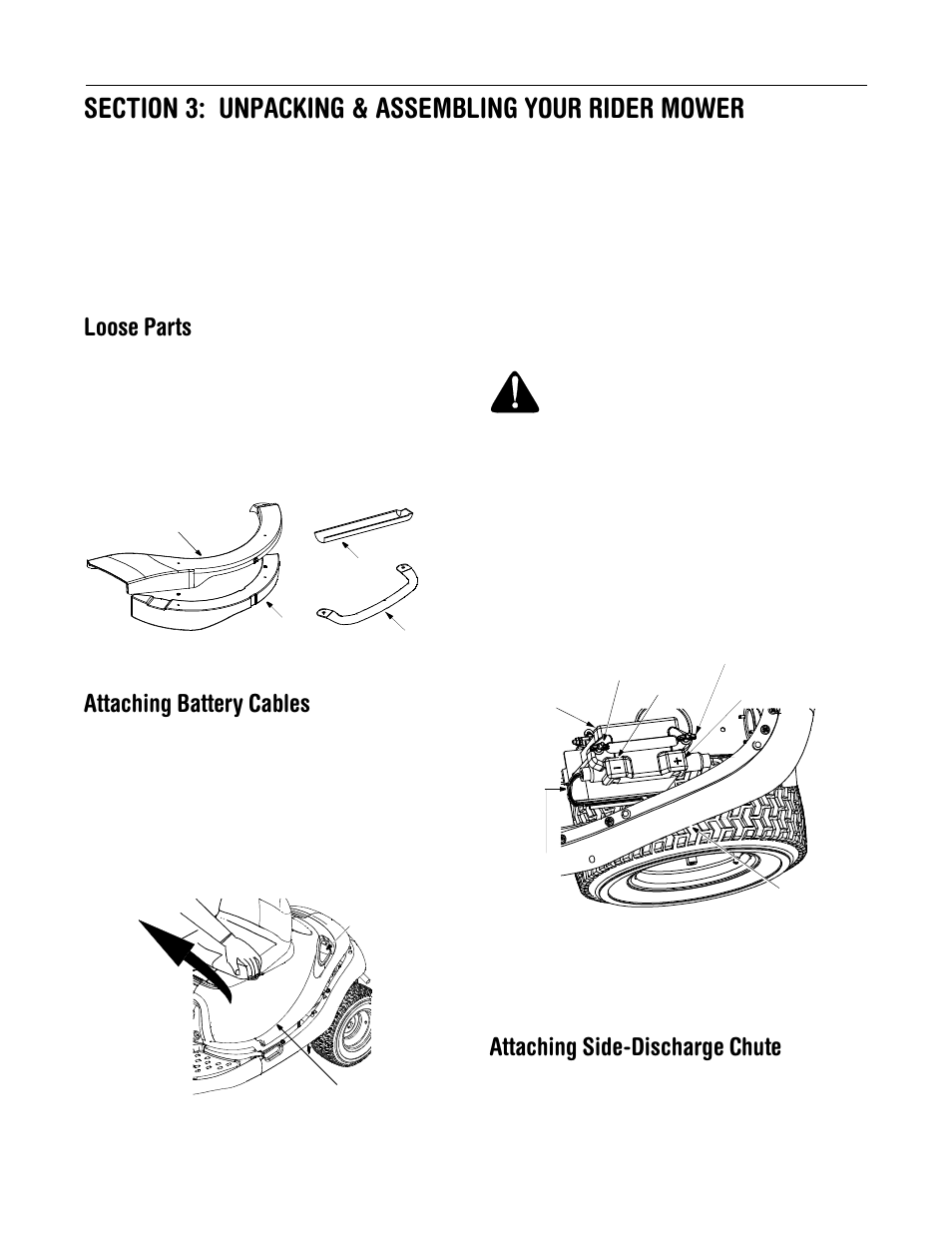 Loose parts, Attaching battery cables, Attaching side-discharge chute | MTD 13B-325-401 User Manual | Page 7 / 40