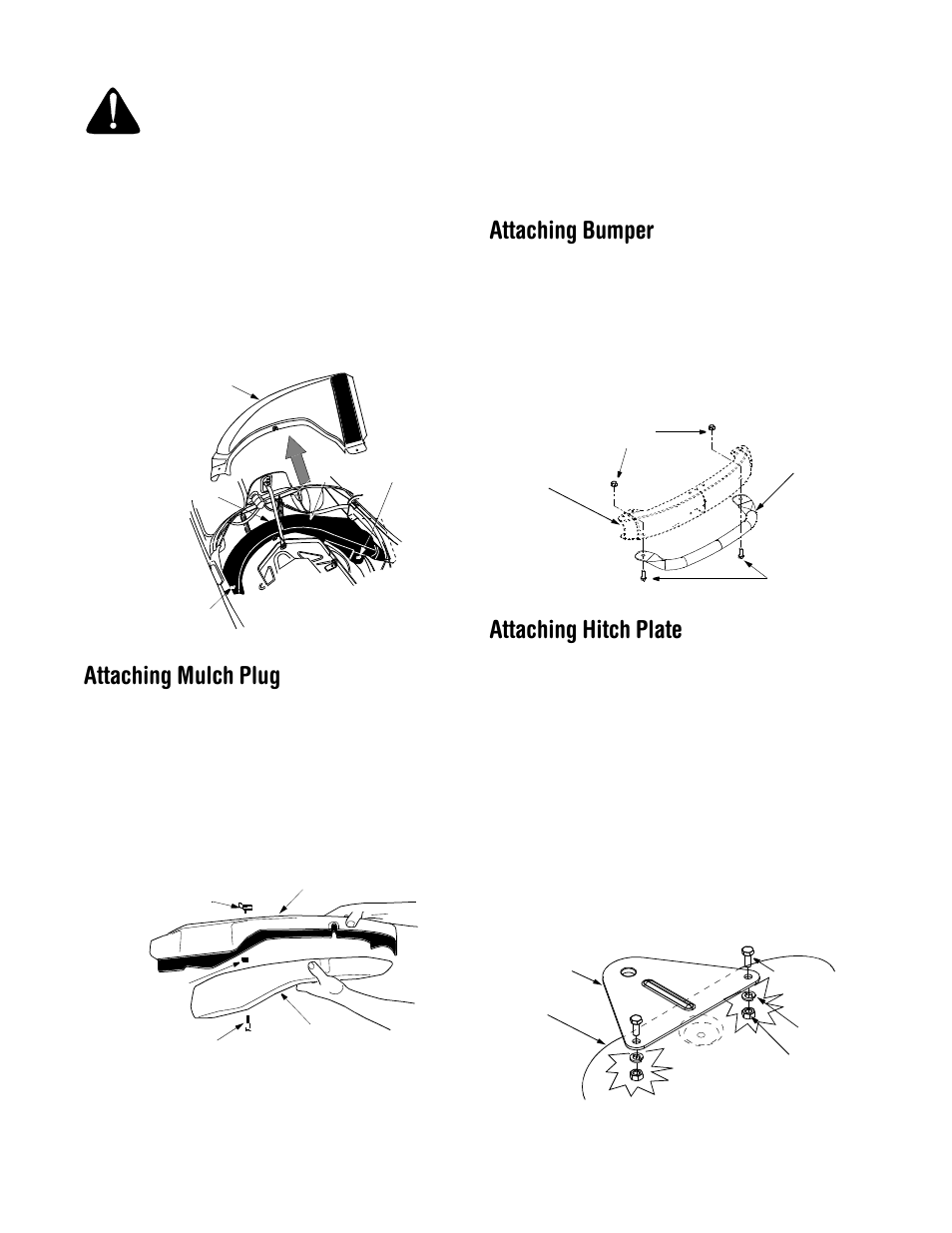 Attaching mulch plug, Attaching bumper, Attaching hitch plate | MTD 13B-325-401 User Manual | Page 8 / 40