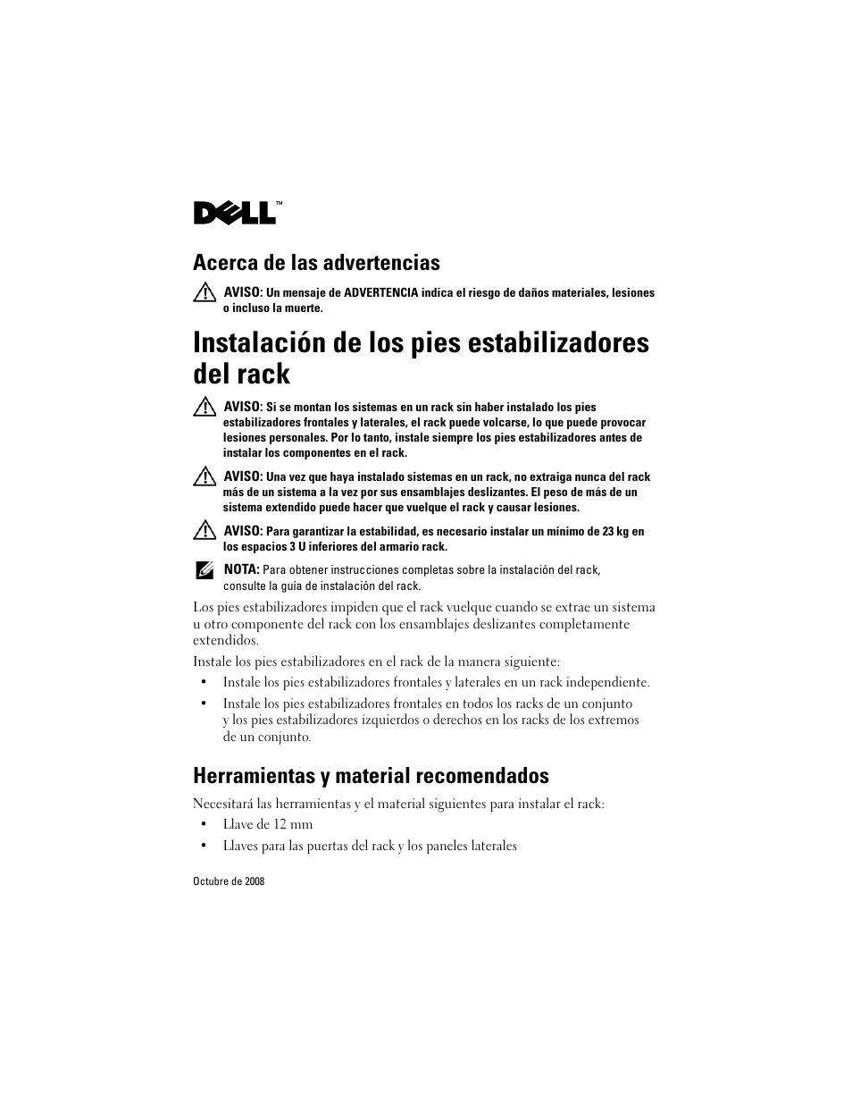 Instalación de los pies estabilizadores del rack, Herramientas y material recomendados, Acerca de las advertencias | Dell PowerEdge Rack Enclosure 4210 User Manual | Page 17 / 20