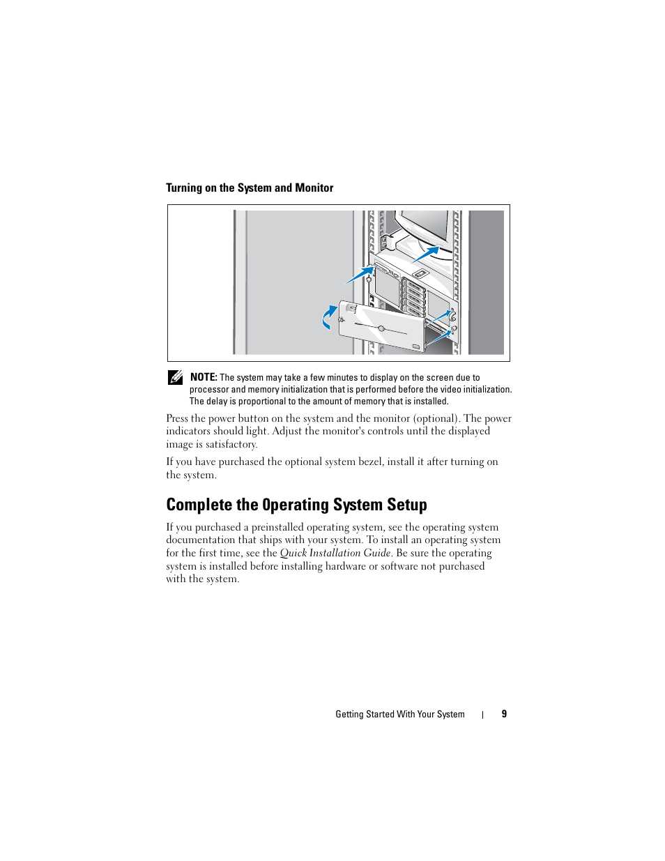 Turning on the system and monitor, Complete the 0perating system setup | Dell PowerEdge R905 User Manual | Page 11 / 58