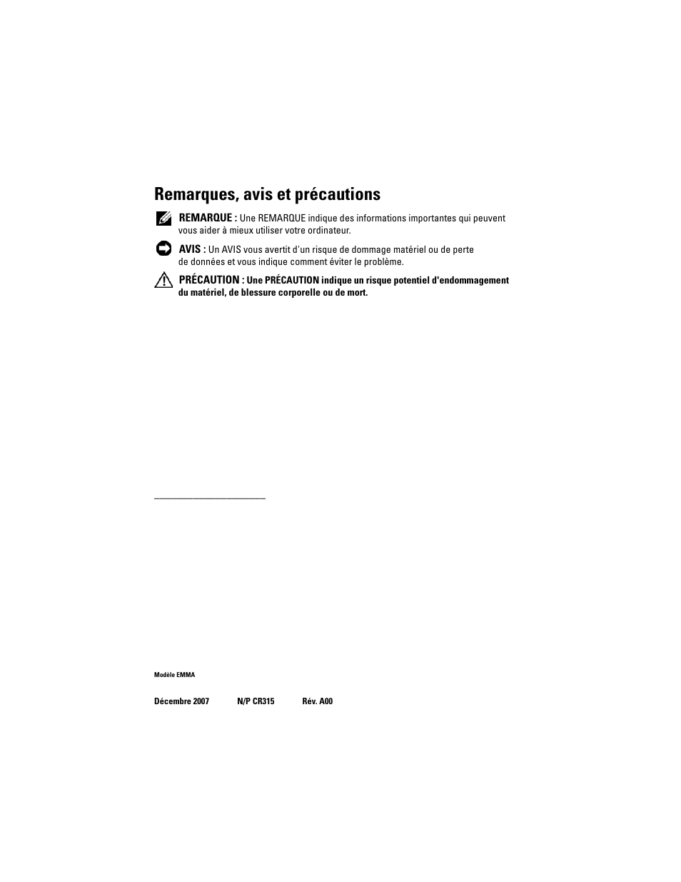Remarques, avis et précautions | Dell PowerEdge R905 User Manual | Page 18 / 58