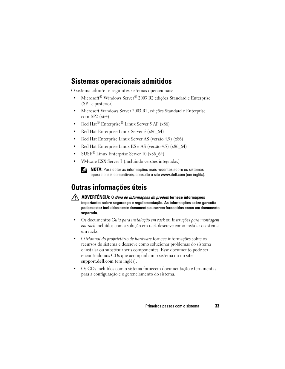 Sistemas operacionais admitidos, Outras informações úteis | Dell PowerEdge R905 User Manual | Page 35 / 58