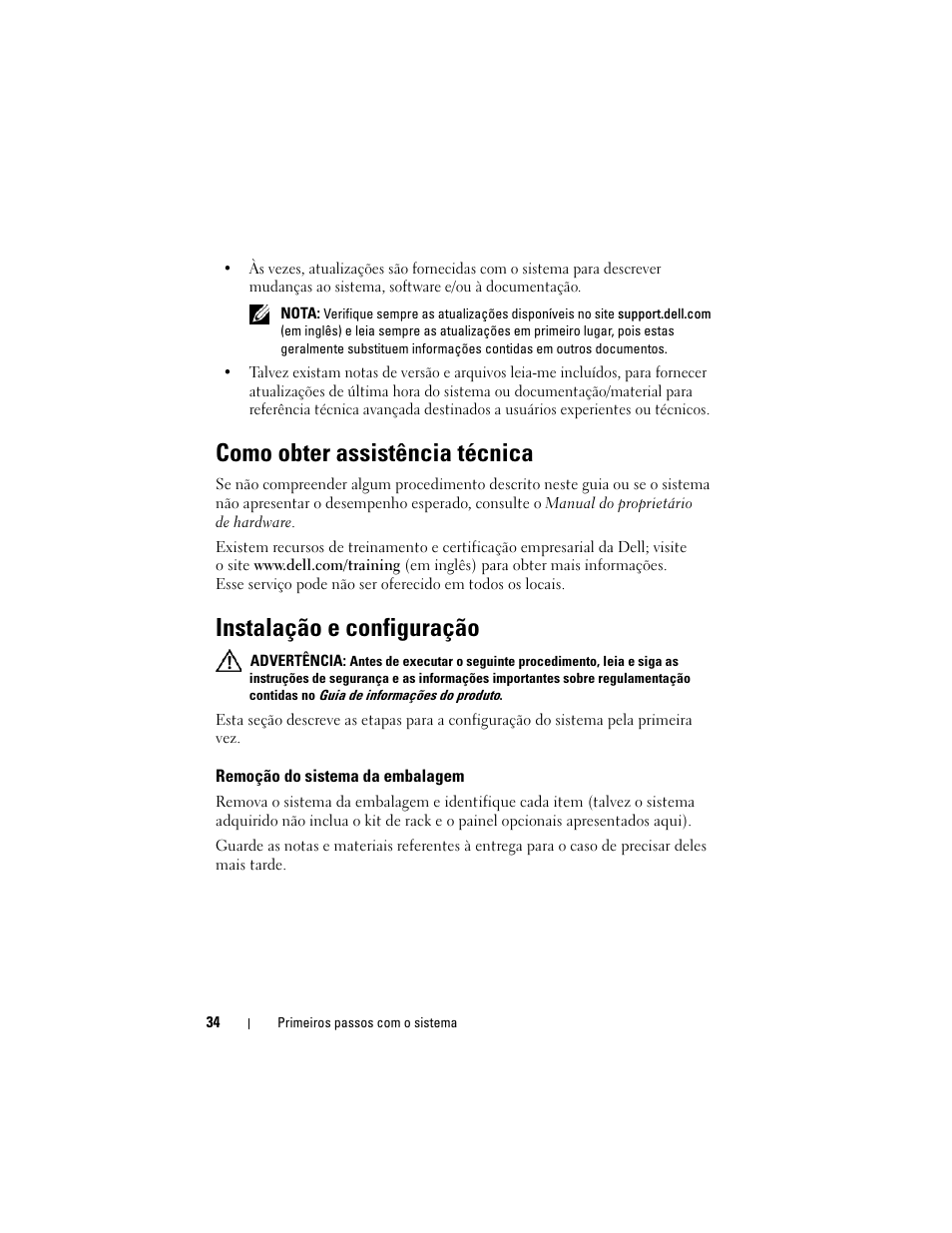 Como obter assistência técnica, Instalação e configuração, Remoção do sistema da embalagem | Dell PowerEdge R905 User Manual | Page 36 / 58