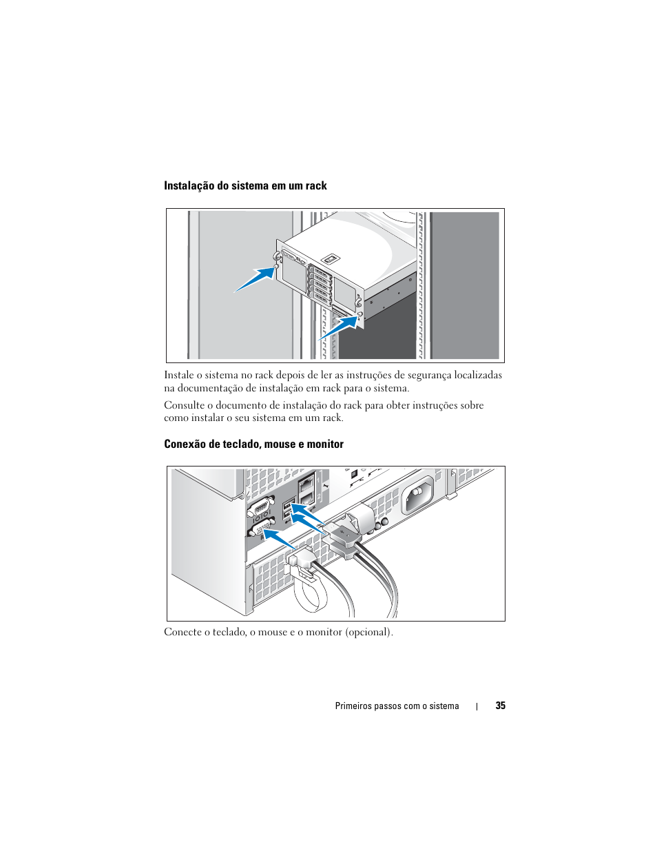 Instalação do sistema em um rack, Conexão de teclado, mouse e monitor | Dell PowerEdge R905 User Manual | Page 37 / 58