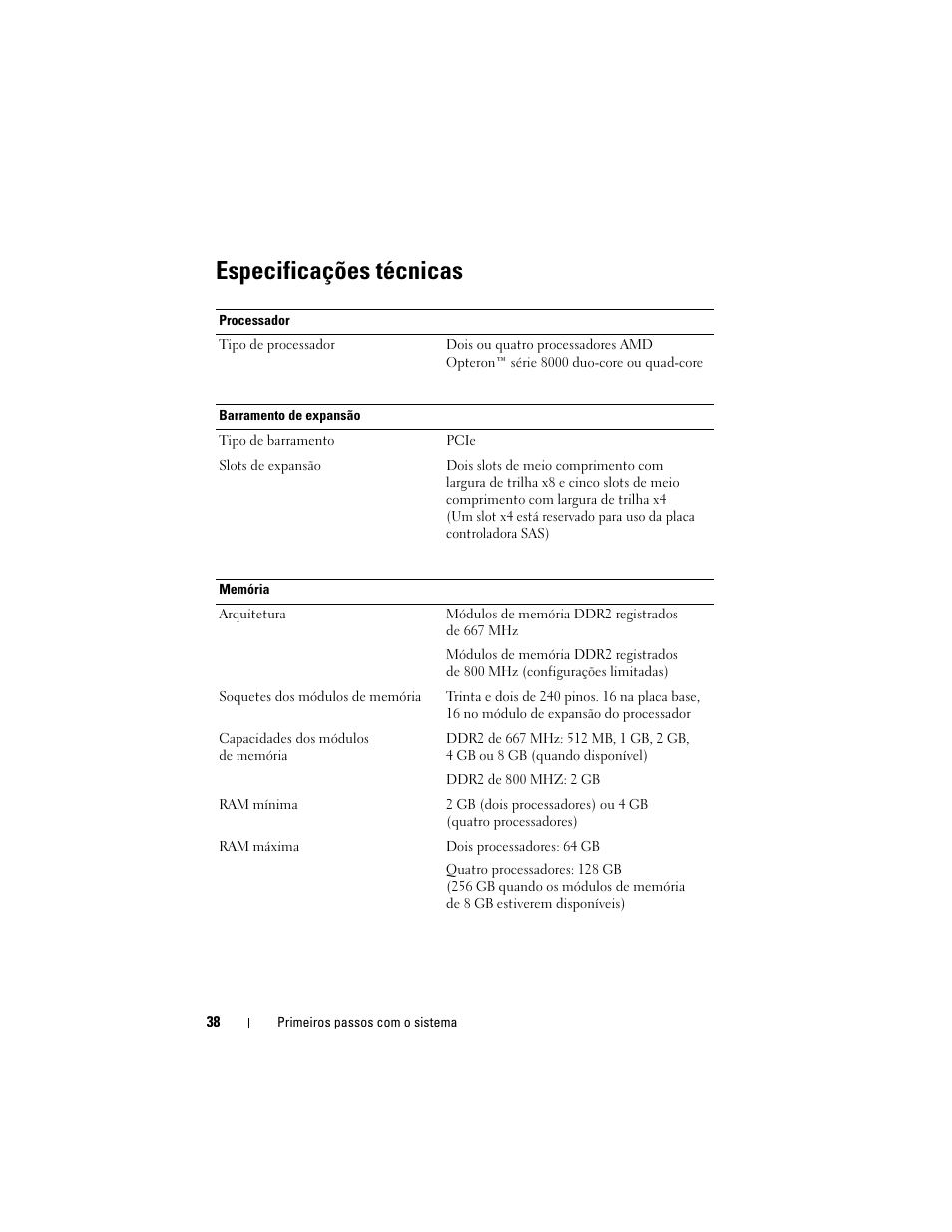 Especificações técnicas | Dell PowerEdge R905 User Manual | Page 40 / 58