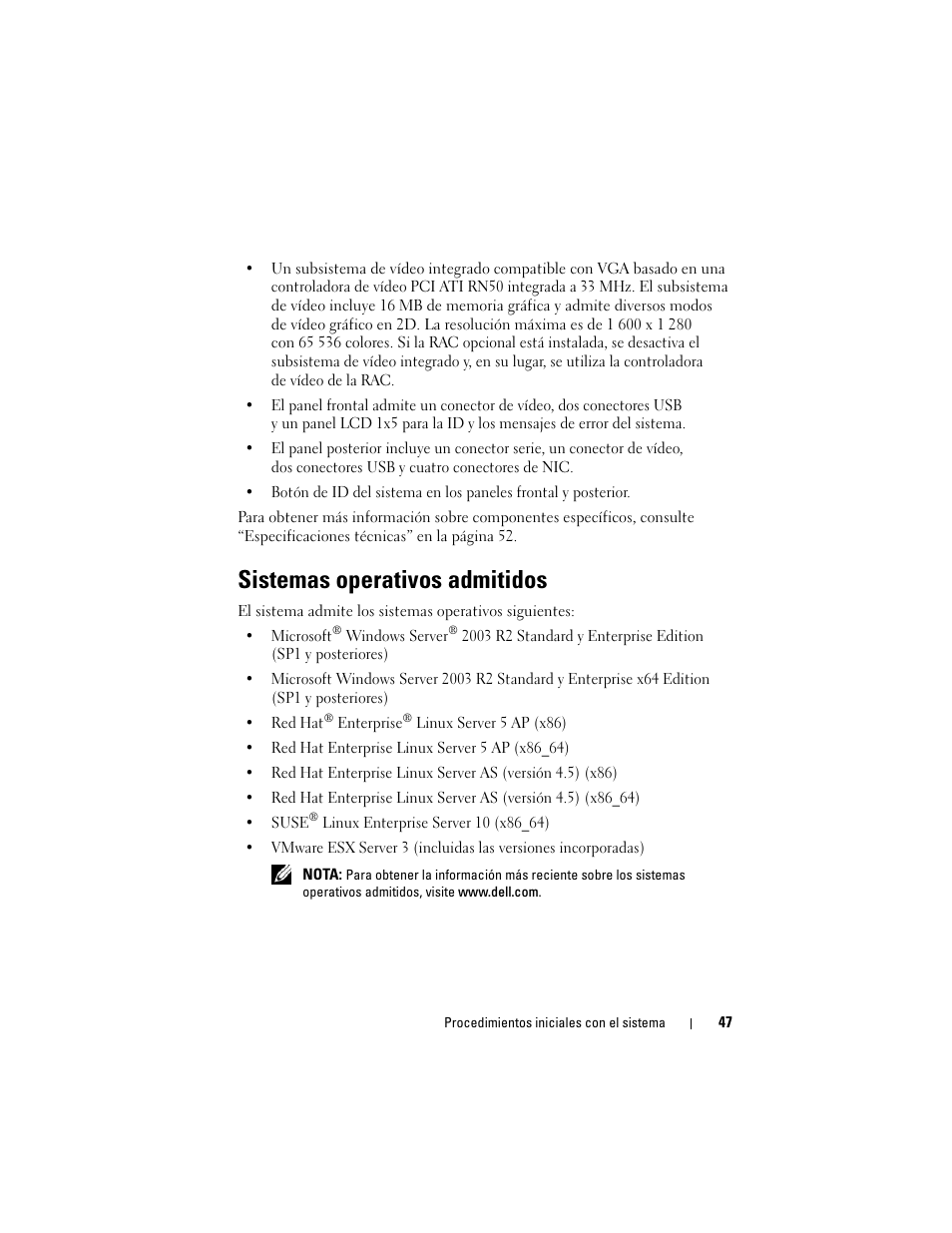 Sistemas operativos admitidos | Dell PowerEdge R905 User Manual | Page 49 / 58