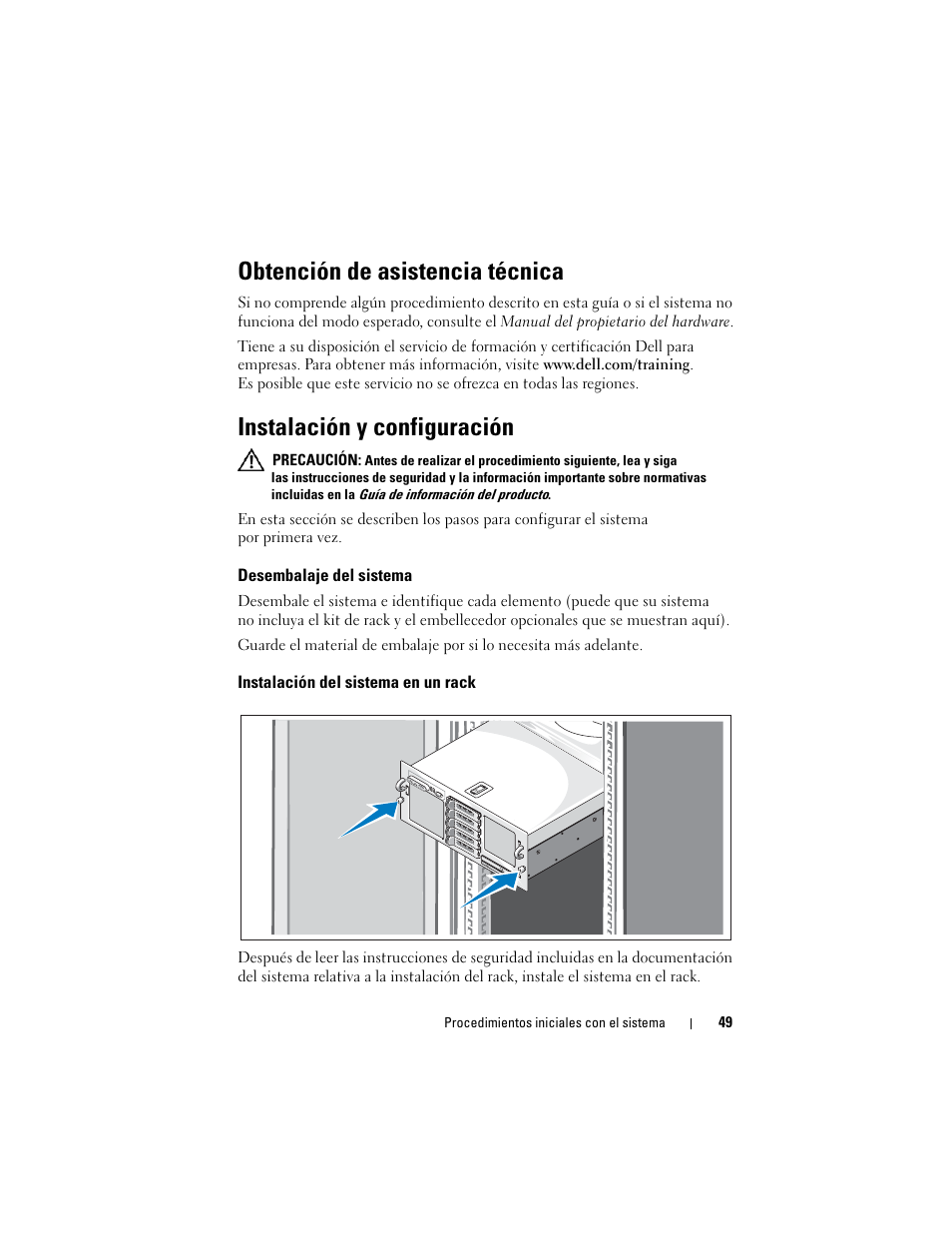 Obtención de asistencia técnica, Instalación y configuración, Desembalaje del sistema | Instalación del sistema en un rack | Dell PowerEdge R905 User Manual | Page 51 / 58