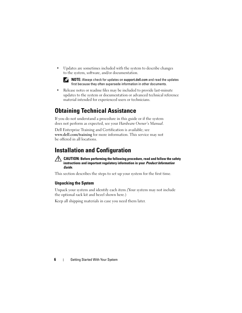 Obtaining technical assistance, Installation and configuration, Unpacking the system | Dell PowerEdge R905 User Manual | Page 8 / 58