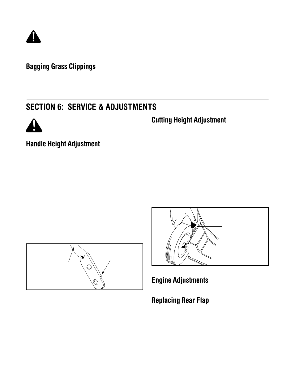 Bagging grass clippings, Handle height adjustment, Cutting height adjustment | Engine adjustments, Replacing rear flap | MTD Model 588Q User Manual | Page 11 / 16