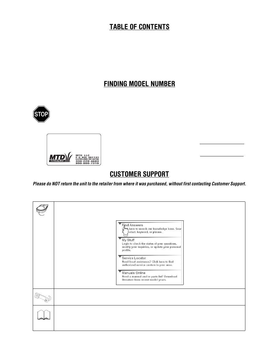Table of contents finding model number, Customer support | MTD Model 588Q User Manual | Page 2 / 16