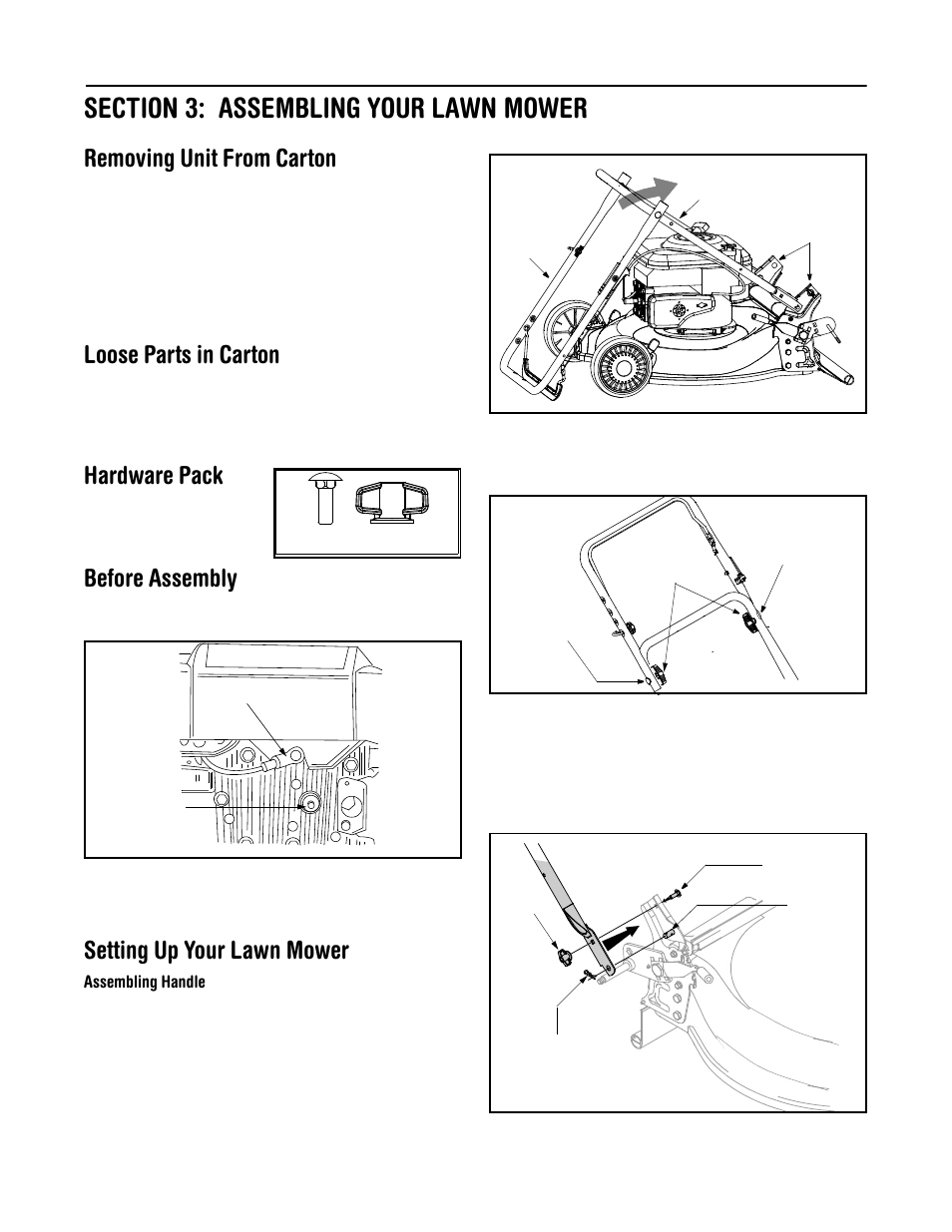Removing unit from carton, Loose parts in carton, Hardware pack | Before assembly, Setting up your lawn mower | MTD Model 588Q User Manual | Page 7 / 16