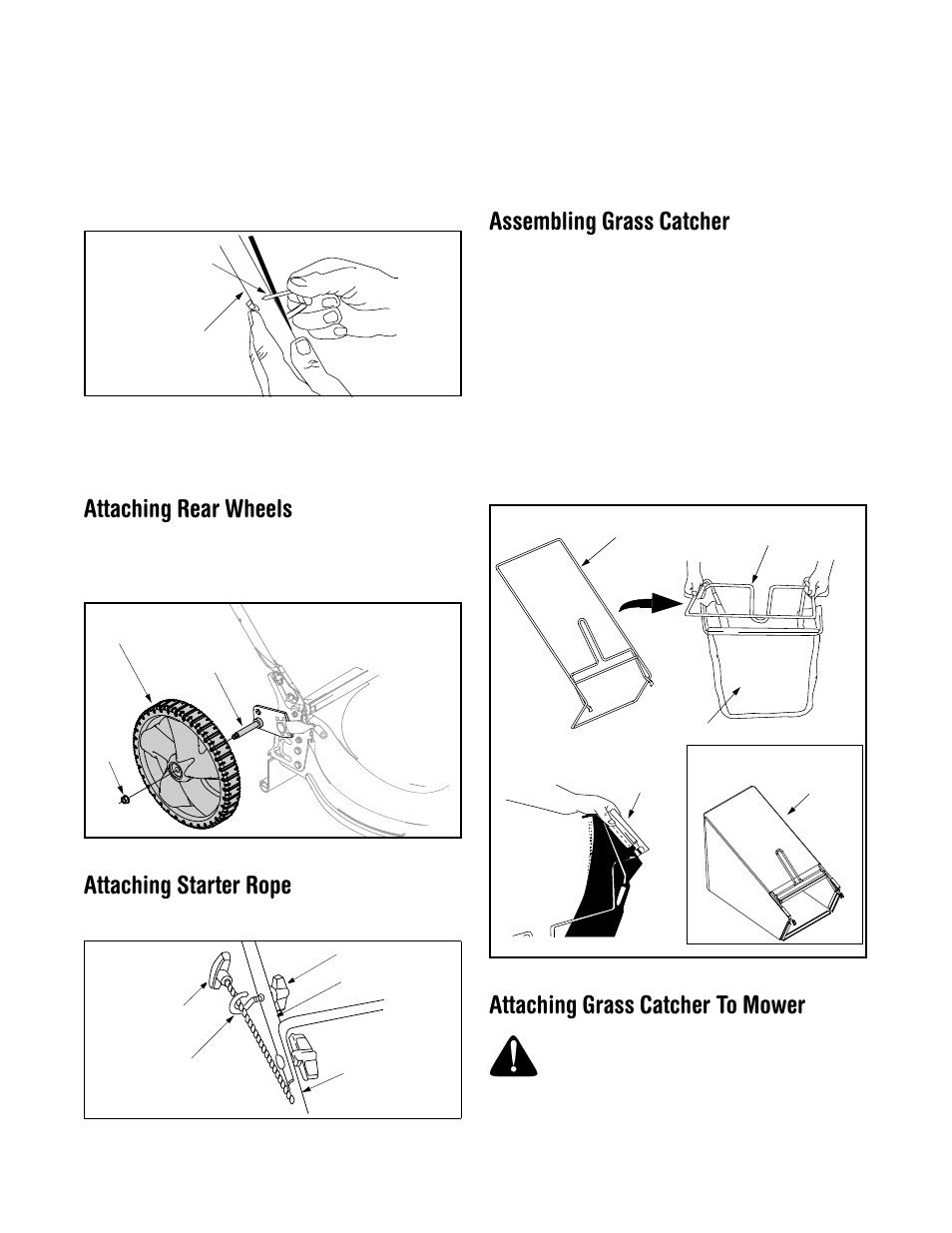 Attaching rear wheels, Attaching starter rope, Assembling grass catcher | Attaching grass catcher to mower | MTD Model 588Q User Manual | Page 8 / 16