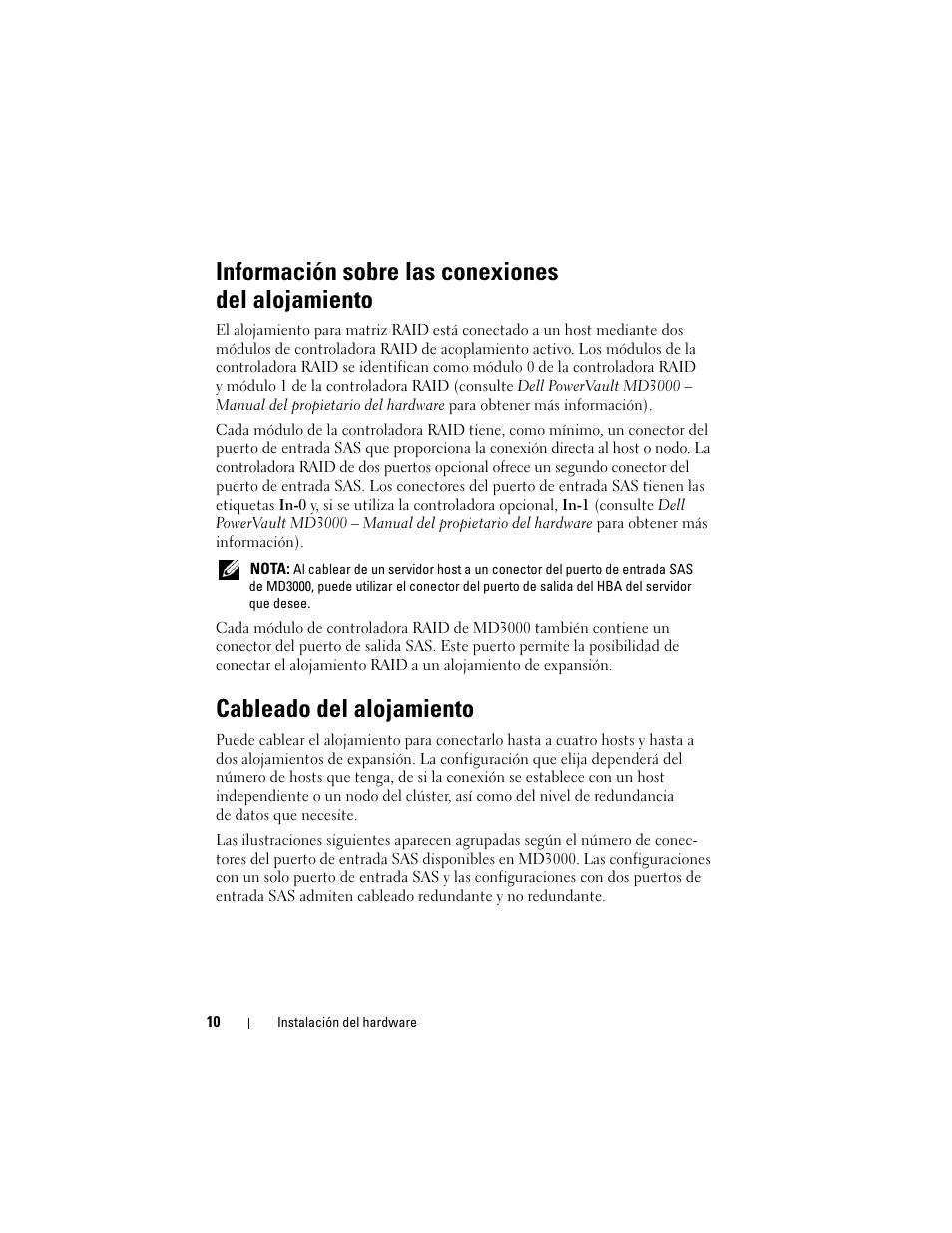 Información sobre las conexiones del alojamiento, Cableado del alojamiento | Dell PowerVault MD3000 User Manual | Page 10 / 54