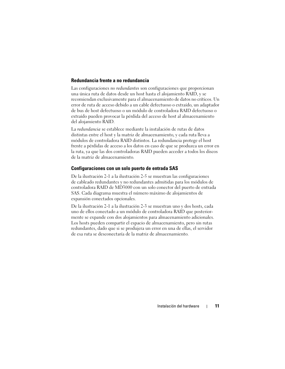 Redundancia frente a no redundancia, Configuraciones con un solo puerto de entrada sas | Dell PowerVault MD3000 User Manual | Page 11 / 54
