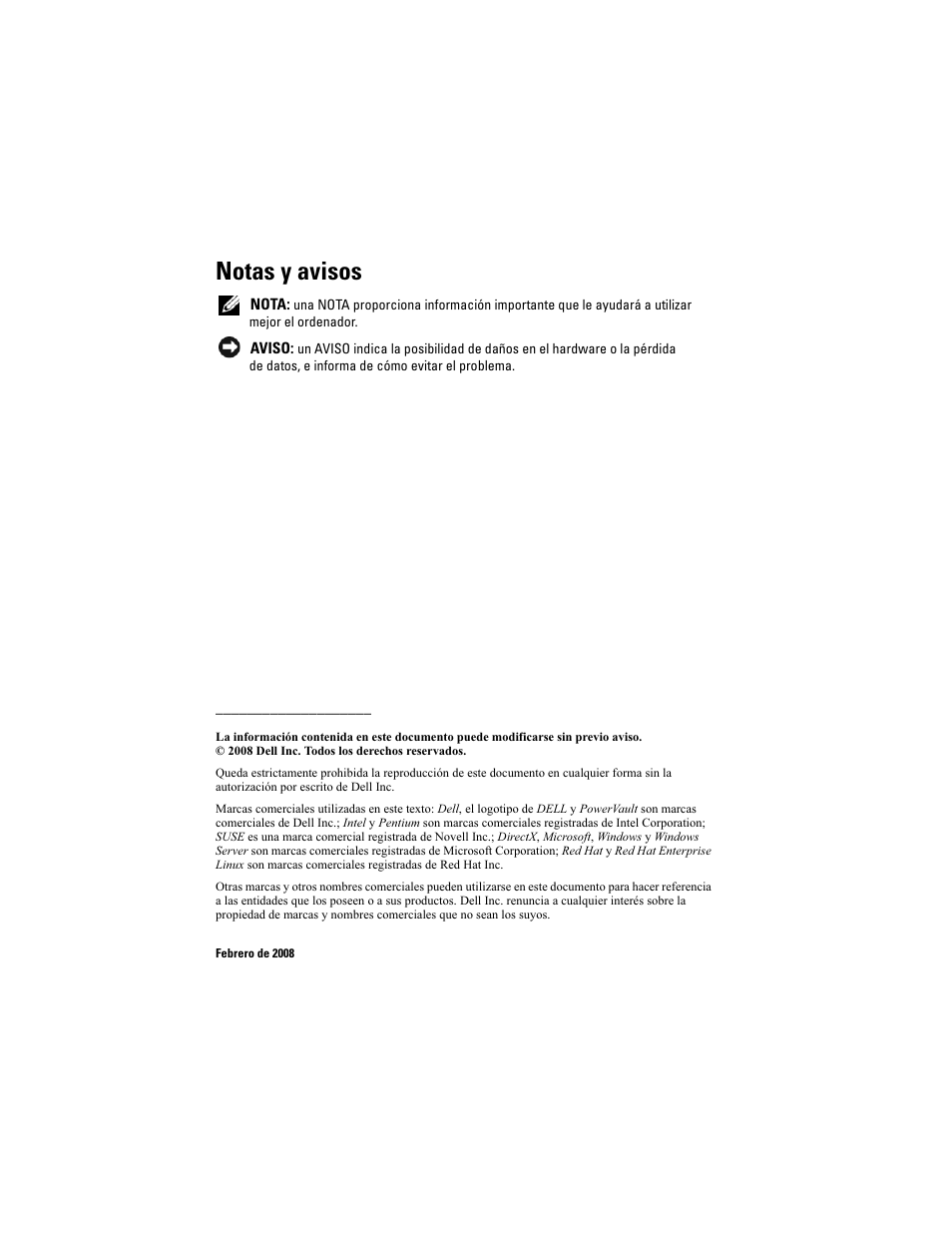Notas y avisos | Dell PowerVault MD3000 User Manual | Page 2 / 54