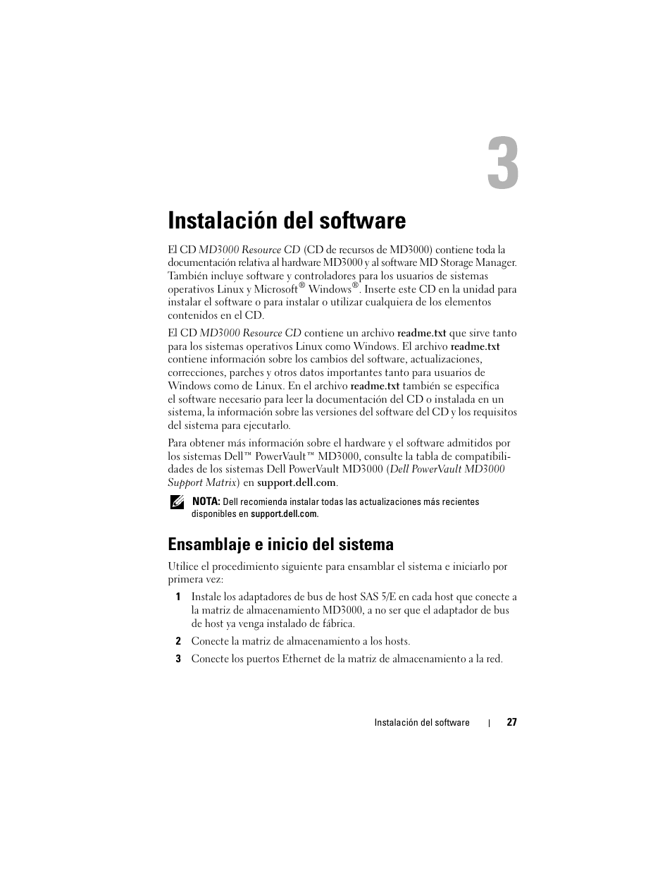 Instalación del software, Ensamblaje e inicio del sistema | Dell PowerVault MD3000 User Manual | Page 27 / 54