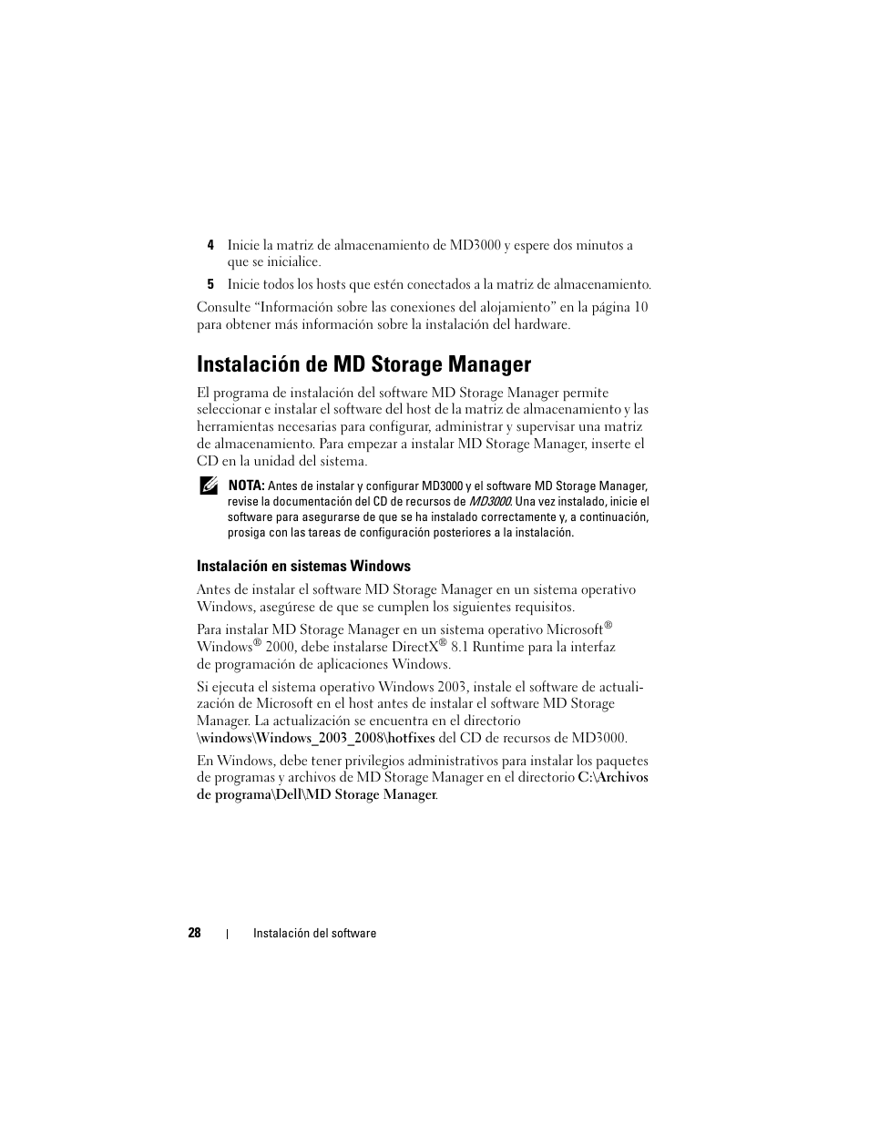 Instalación de md storage manager, Instalación en sistemas windows | Dell PowerVault MD3000 User Manual | Page 28 / 54